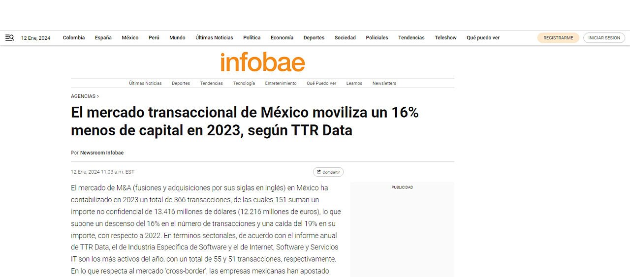 El mercado transaccional de Mxico moviliza un 16% menos de capital en 2023, segn TTR Data